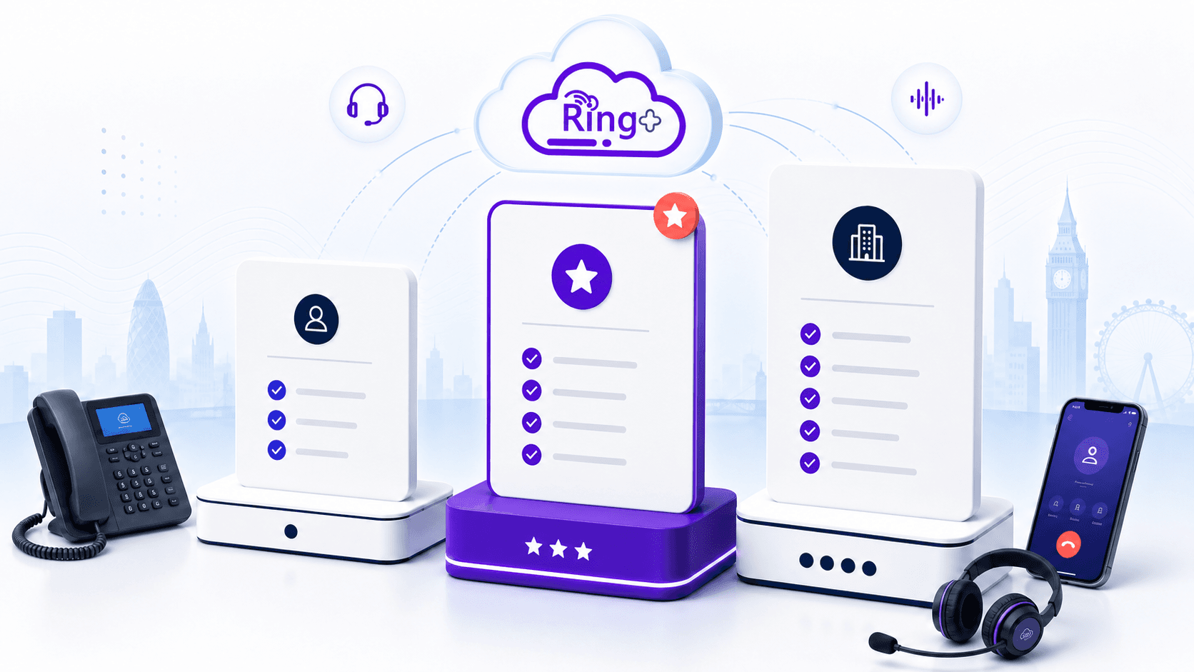RingPlus plan tiers with IP phone, mobile app, and headset